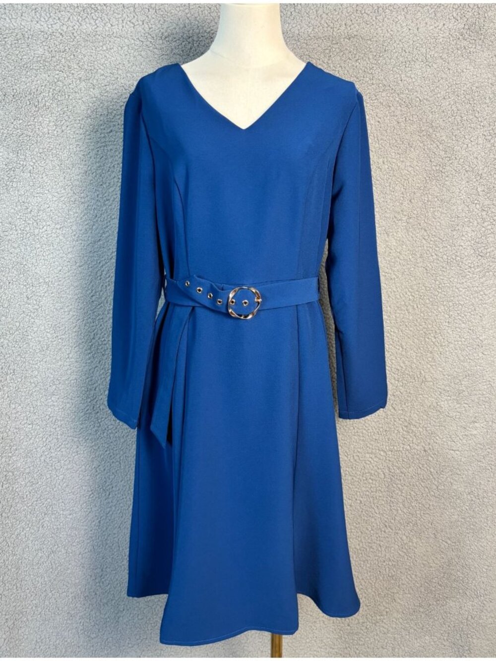 Hobemty Women's A-Line Belted Long-Sleeve Dress V-Neck Blue Size Medium NWT's.